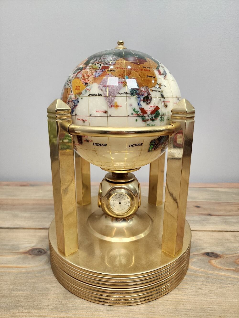 Alexander Kalifano Gemstone World Globe Mother of Pearl 10" 4-Pillar Clock Stand